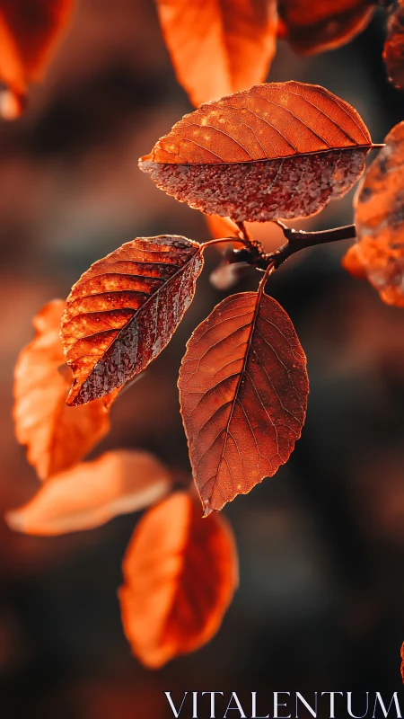 Warm autumn leaves glowing softly in late evening light.