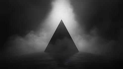 Monolithic triangular prism in volumetric backlit fog field.