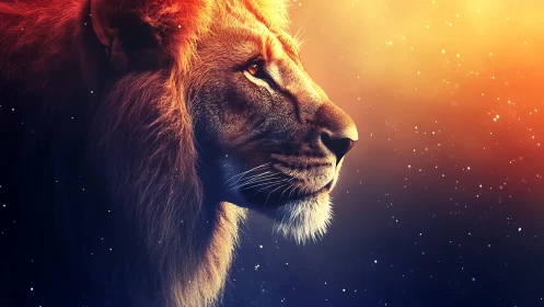 Starlit lion gaze burning through a cosmic dusk horizon.