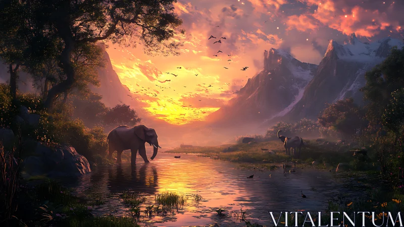 Elephant wades through dawnlit river beneath flaming peaks.