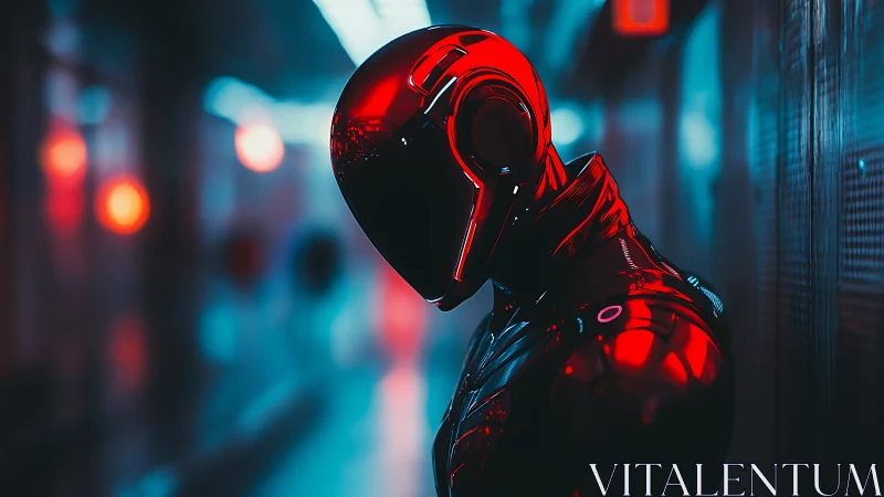 Red armored humanoid figure in dim corridor environment.