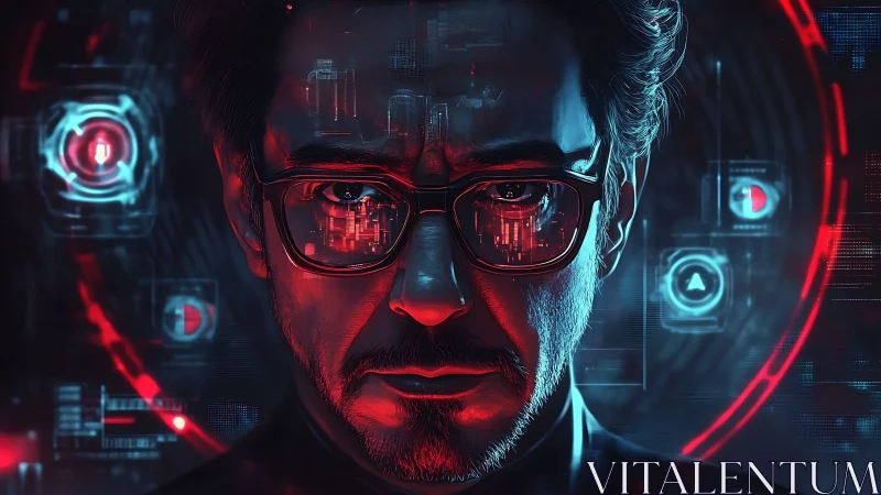 Cybernetic interface portrait with HUD overlays and neon bicolor lighting.