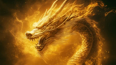 Volumetric-lit golden dragon rendered with high-detail particle flames