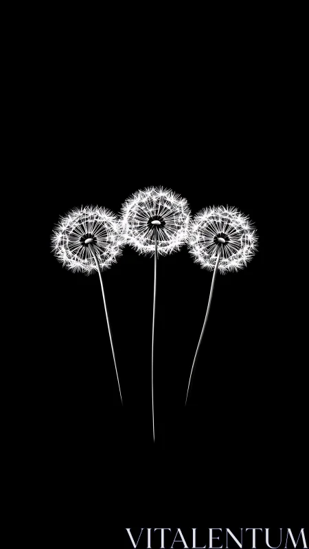 Three Dandelion Seed Heads in High Contrast Black and White.