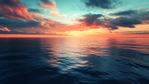 Sunset horizon divides rippling ocean surface and clouded sky