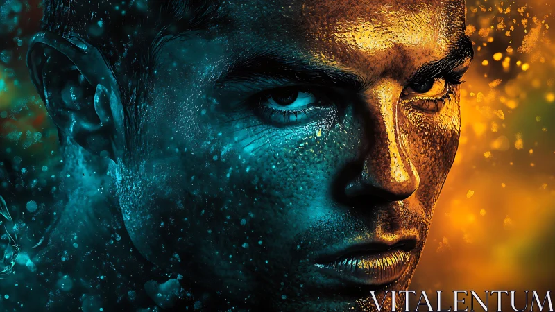 Intense male portrait split by blue and orange light.