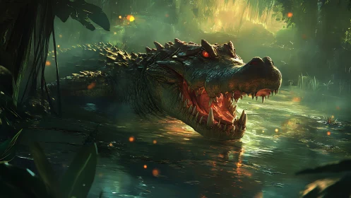 Predatory crocodile emerges from swamp water with glowing eyes