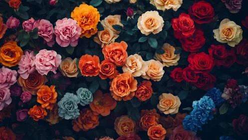Overhead view of flowering roses in multiple color variations.