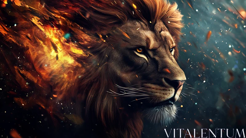 Lion head rendered with flowing mane and fiery light trails