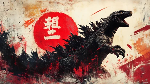 Kaiju silhouette against saturated red sun glyph field.