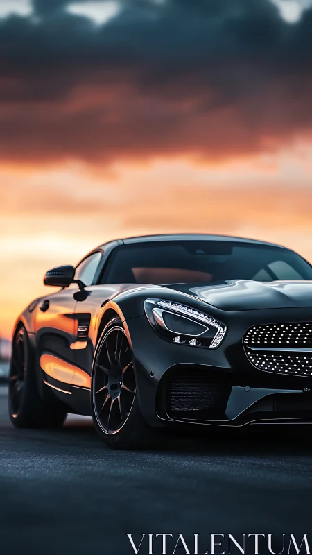 Midnight supercar prowls beneath a burning sunset sky.