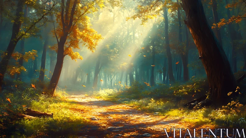 Autumn Forest Path Bathed Golden Light.