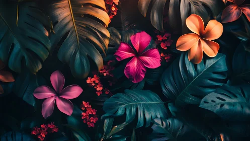 Volumetric Floral Composite with Chromatic Gradient and Tropical Foliage Elements