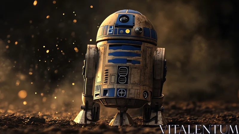 Weathered astromech droid on dust-lit terrain at golden hour.