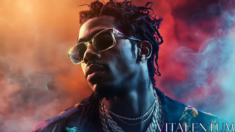 Stylish man in sunglasses with colorful smoky backdrop.