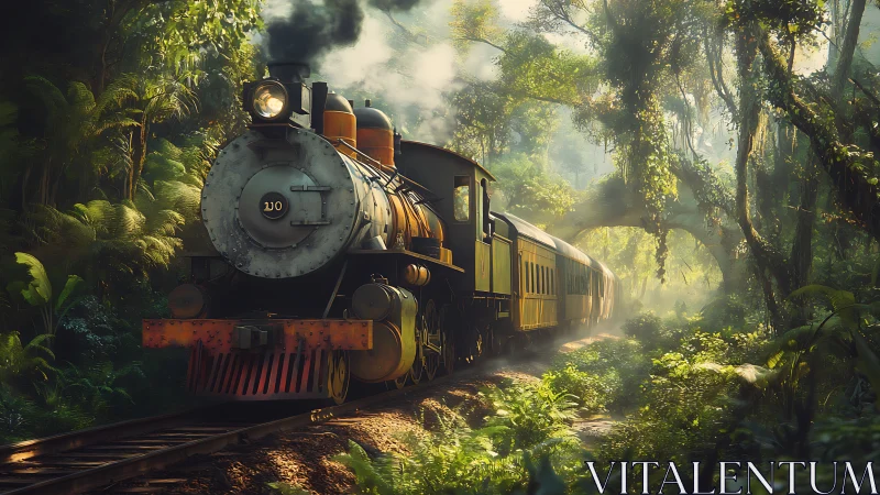 Digital painting of vintage jungle train in atmospheric light.