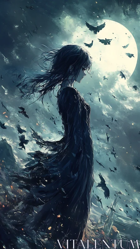 Moonlit raven girl amid storm-torn twilight skies.