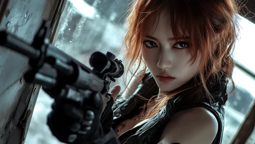 Fierce gaze in a rainlit standoff with cinematic tension.