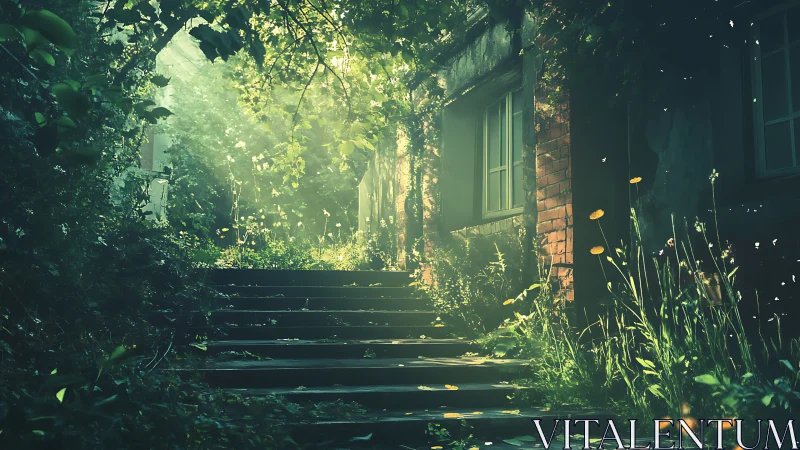 Sunlit overgrown stairway into a secret garden refuge.