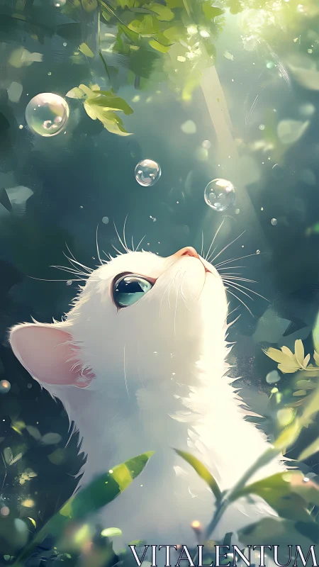 Luminous Reverie: White Cat Gazing Upward Among Floating Bubbles.