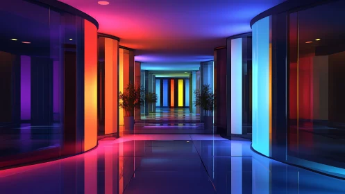 Vibrant neon glass hallway glows with futuristic ambience