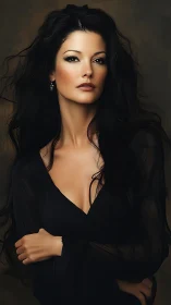 Dark haired woman poses in elegant black dress portrait