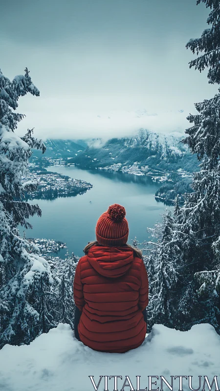 Person in red jacket overlooking snowy lake and mountains.