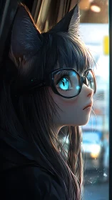 Cat-eared girl gazes through window in glowing city dusk.