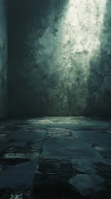 Abandoned concrete room with cracked damp walls and light