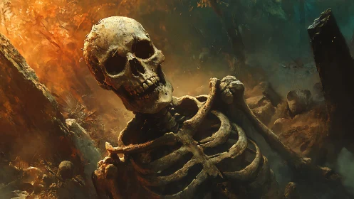 Forensic skeletal remnant in cinematic infernal forest light.