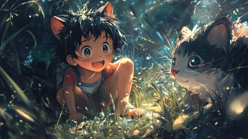 Child with cat ears meeting large cat in sunlit forest.