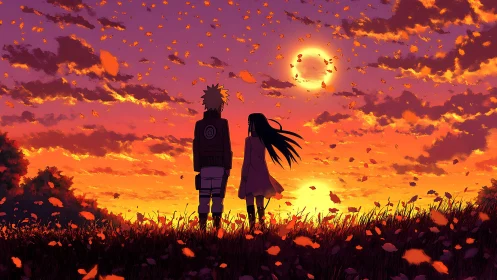 Two silhouetted figures observe dense sunset cloud coverage