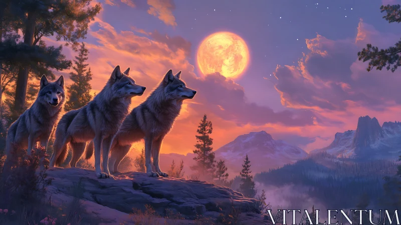 Triangular wolf formation observes full moon over misted valley