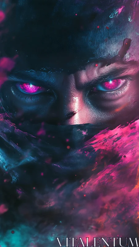 Neon-eyed masked warrior in magenta and cyan vapor haze.