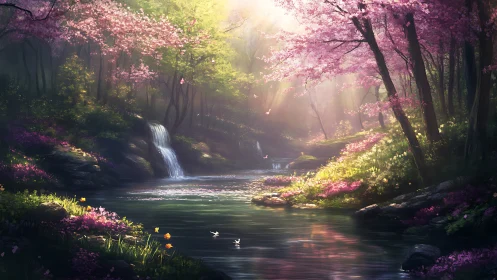 Springlit river hums softly beneath drifting cherry light