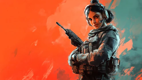 Defiant female soldier against split neon battlefield backdrop.