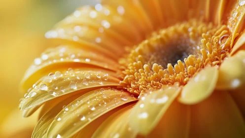 Yellow gerbera macro reveals dewdrops and radiant petals.