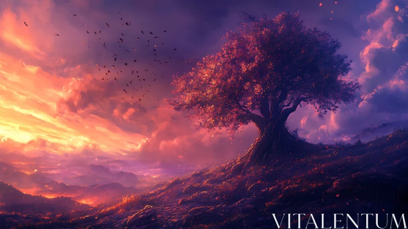 Solitary twilight tree crowns blazing violet horizon.