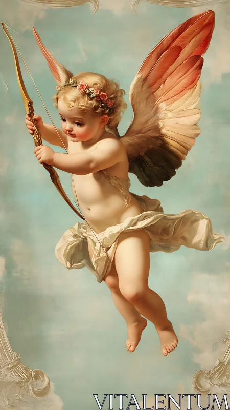 Neoclassical digital cherub study with bow and rose garland.