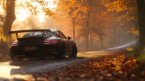 Midnight racer gliding through golden forest hush.