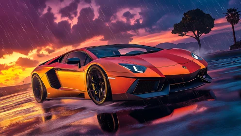 Sports car is rendered on wet coastal road at sunset rain