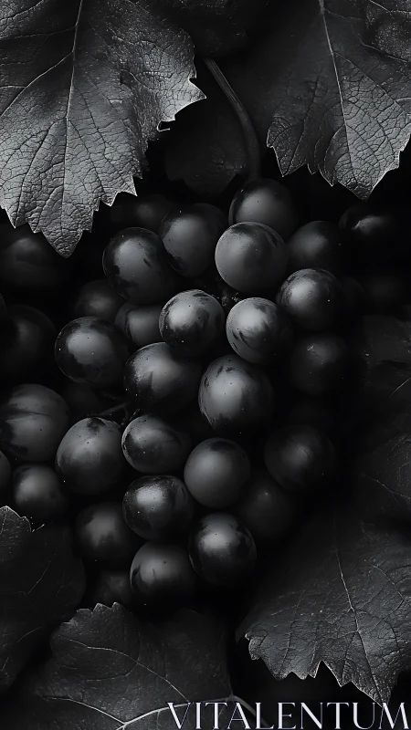 Midnight grapes clustered beneath textured vine leaves.