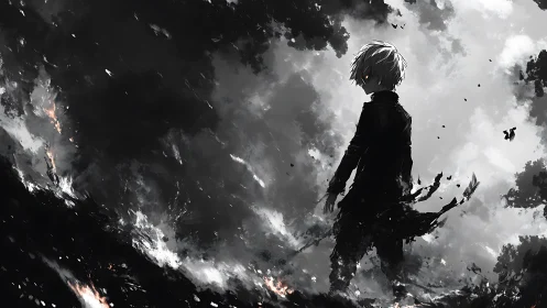 Solitary white‑haired figure stands amid smoldering ruins.