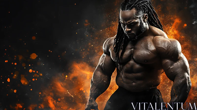 Powerful bodybuilder framed by glowing fire and grit.