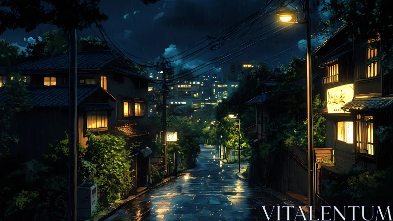 Cozy rainy night street glowing with gentle city lights.