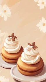 Cream-topped pastries on plates with soft floral backdrop.