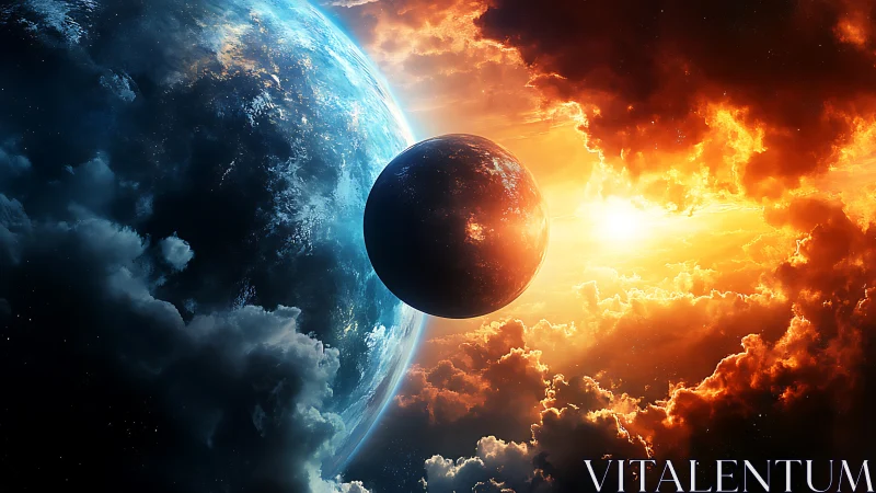 Planetary alignment with contrasting storm clouds and sun.