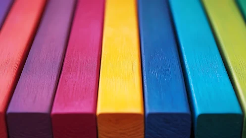 Colorful wooden blocks aligned in vivid rainbow row.