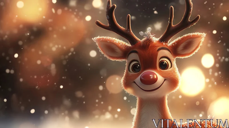 Snowlit red-nosed reindeer beaming through golden bokeh.