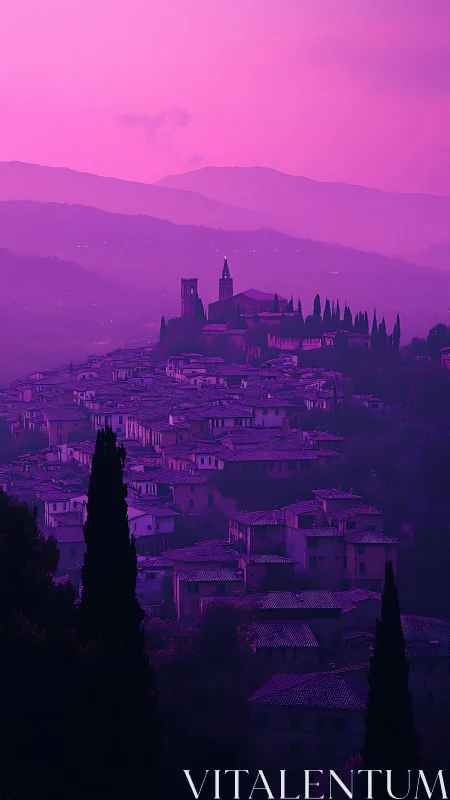 Magenta haze over hillside village and distant mountains.